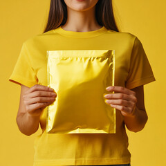 A woman holds a blank yellow foil bag packaging mockup.