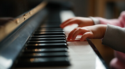 Obraz premium Child Playing Piano: Close-Up of Toddler's Fingers on Keys - Learning Music and Creativity Indoors