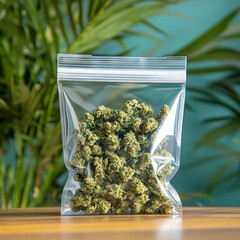 A ziplock bag full of cannabis flowers on a table.