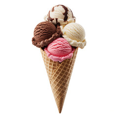 Classic waffle cone with triple scoop ice cream, colorful and creamy frozen dessert treat, Isolated Transparent Background