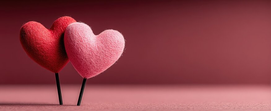 Valentine's Day minimalist background with two red hearts on sticks