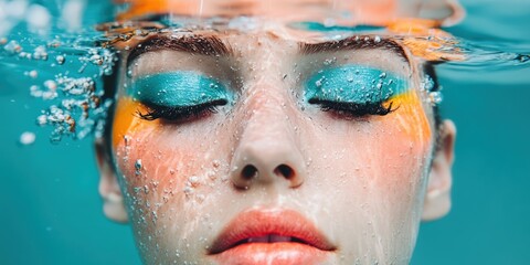 Conceptual summer beauty — model submerged below water surface, wearing waterproof colorful makeup
