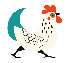 Rooster Chicken illustration, colorful minimalist style, mid-century modern, childlike shapes, whimsical character design, no outlines, solid colors, stylized proportions