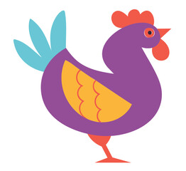 Rooster Chicken illustration, colorful minimalist style, mid-century modern, childlike shapes, whimsical character design, no outlines, solid colors, stylized proportions