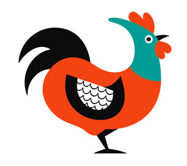 Rooster Chicken illustration, colorful minimalist style, mid-century modern, childlike shapes, whimsical character design, no outlines, solid colors, stylized proportions