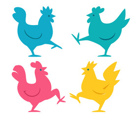 Rooster Chicken illustration, colorful minimalist style, mid-century modern, childlike shapes, whimsical character design, no outlines, solid colors, stylized proportions