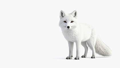 Adorable 3d arctic fox standing on a white background with copy space for text in full body perspective isolated