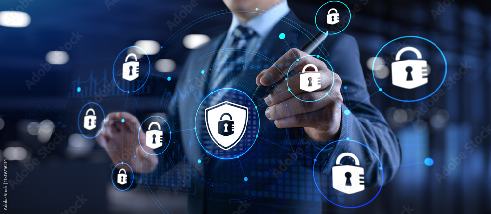 Poster cyber security access control data protection personal information privacy concept. businessman pres