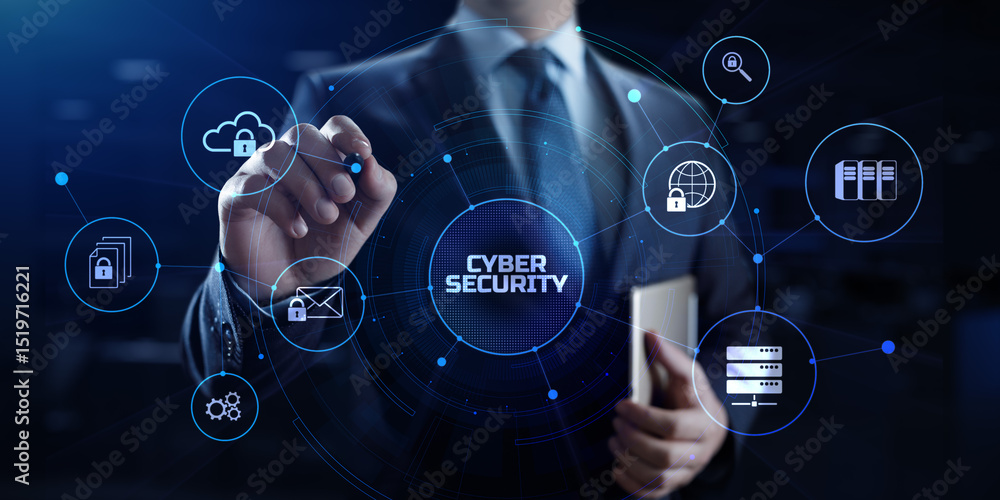 Poster cyber security access control data protection personal information privacy concept. businessman pres