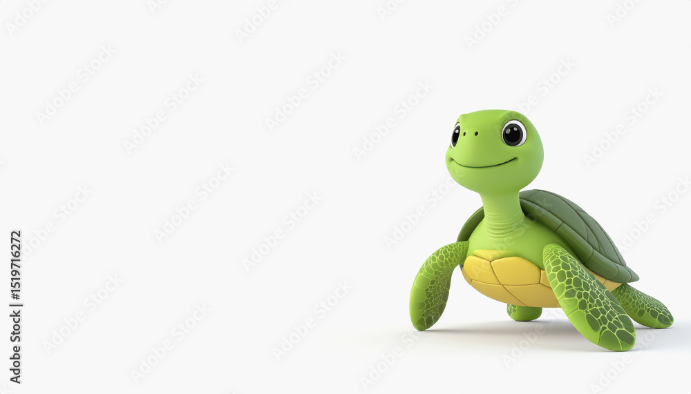 Poster lovely 3d sea turtle with smooth and flippers, isolated on white background with copy space for text