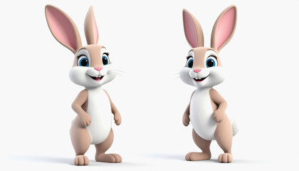 Fototapeta premium Adorable 3d cartoon rabbit with fluffy fur and big ears, isolated on white background with copy space for text