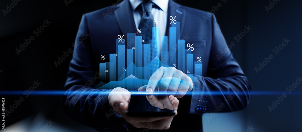 Poster financial growth strategy and data visualization with interactive graphs and percentages in business