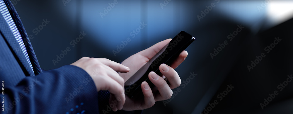 Poster businessman pressing button on virtual screen, innovation and digital touch interaction on futuristi