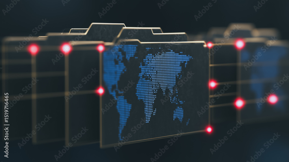 Poster global data network: multiple folders adorned with a world map are interconnected by a glowing netwo