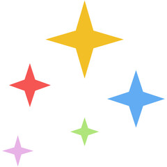 Colorful four-pointed star shapes scattered on isolated background in various sizes, yellow, red, blue, green and purple.