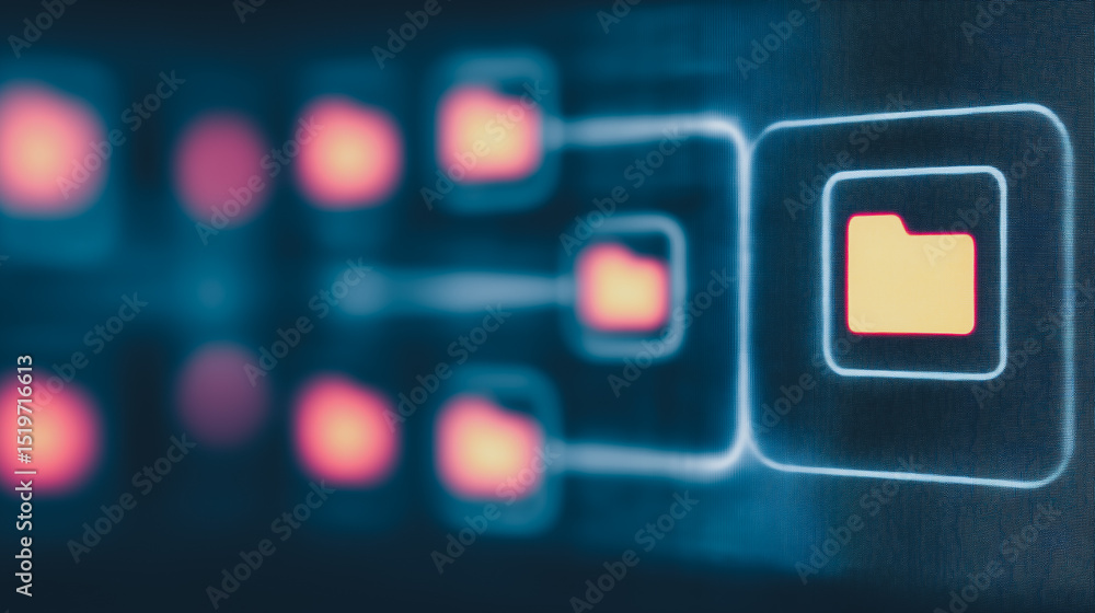 Poster glowing data folders: illuminated folder icons glow, signifying organized data flow and network conn