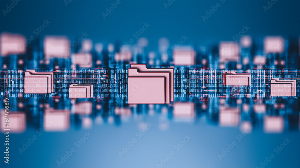 Poster digital data storage: explore a complex array of data file folder symbols, vividly arranged on an el