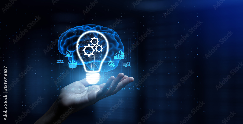 Poster gears as automation concept enhancing efficiency and workflow with human hand holding lamp hologram.
