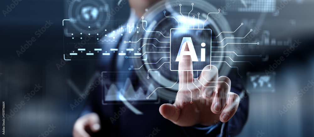 Poster artificial intelligence technology and global business strategy concept with digital interface.