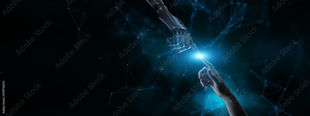 Poster human and robotic interaction illuminated in a futuristic digital network.