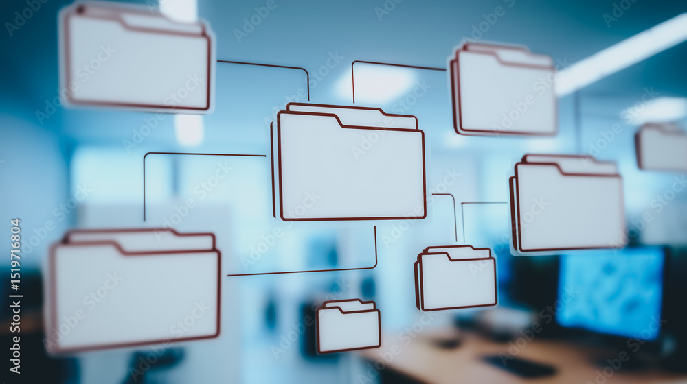 Poster data network: conceptual visualization of interconnected folders, symbolizing data flow, organizatio