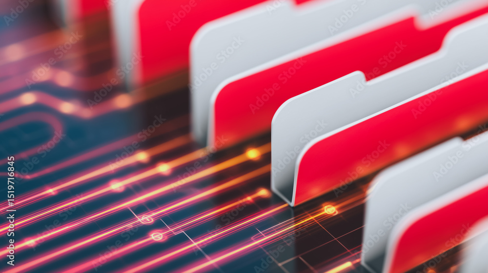 Poster data storage: a close-up shot showcases a series of neatly arranged file folders with a vibrant elec