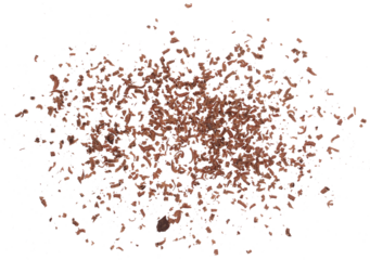 Pile grated, chopped, dark chocolate flying, isolated on white, top view	