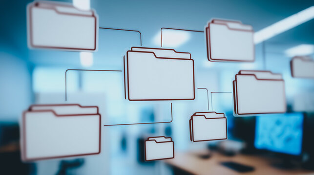 Data Network: Conceptual visualization of interconnected folders, symbolizing data flow, organization, and digital connections.