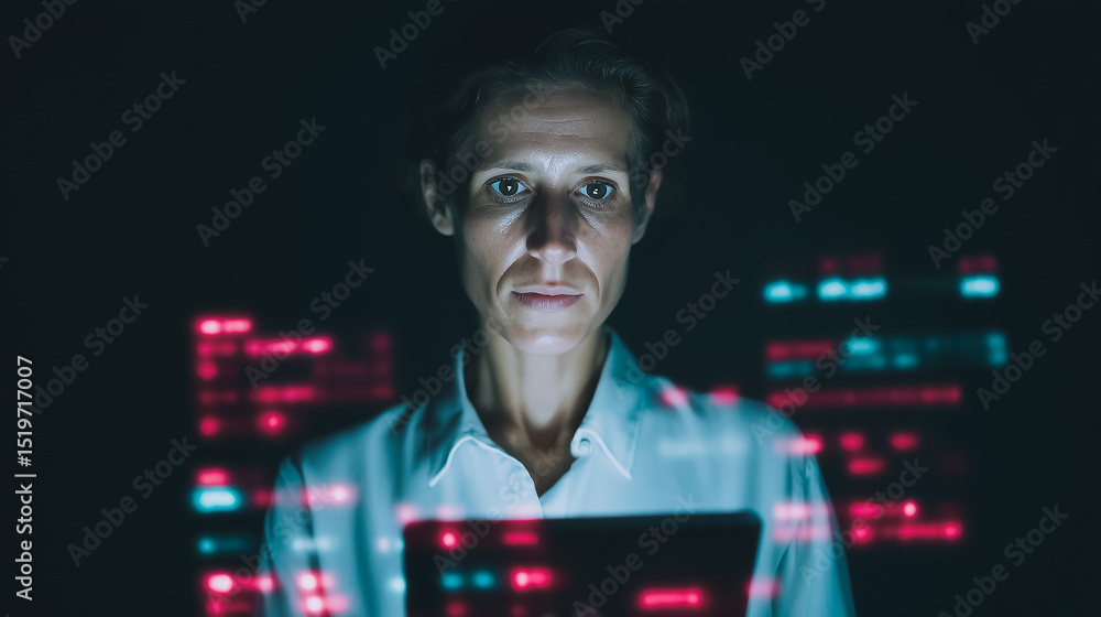 Poster woman focused on data: a woman intently studies data displayed on a digital screen, her focused expr