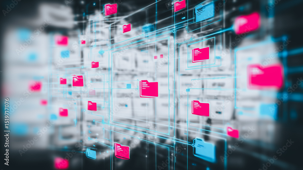 Poster digital data stream: futuristic view of connected digital folders, highlighting the seamless flow of