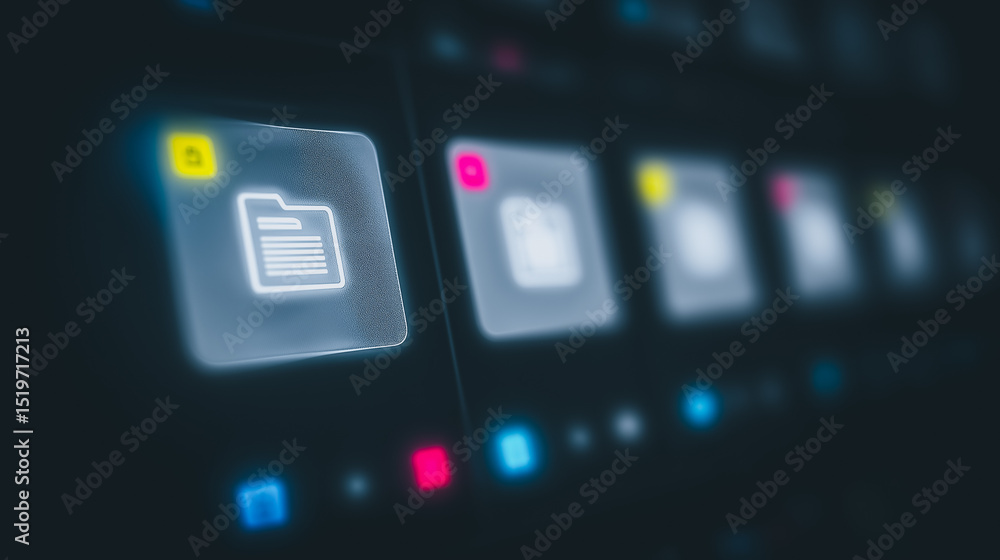 Poster digital icons of information: illuminated digital icons represent files and folders on a screen, sym