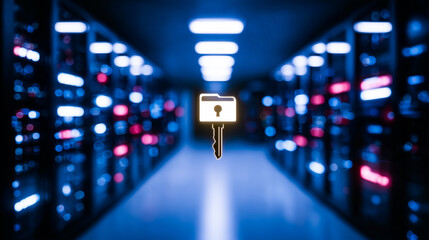 Cyber Security: The key to unlock data within a server room, symbolizing network security, data protection, and technological safeguard.