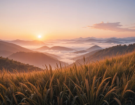 Majestic mountain range at sunset, golden hour light illuminating dry grassland in foreground.