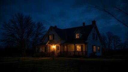 Unlit house exterior at night with glow from candlelit window, rural landscape, serene darkness.