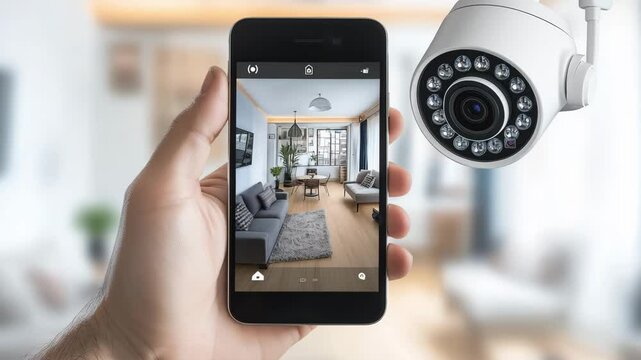 A person monitors their home security camera through a mobile device while standing in a contemporary living room with a cozy atmosphere