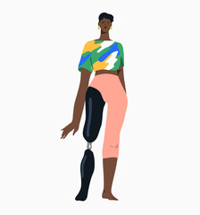 Pretty young woman with prosthetic lower limb isolated on white background.