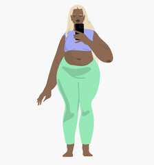 
Woman taking a photo on a mobile phone. Happy woman in sportswear holding a smartphone. Flat vector illustration isolated on white background.