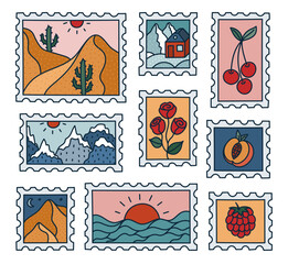 Lovely bright doodle set of postage stamp with picturesque scenery, roses, peach, cherry. Trendy travelling postmark with desert in moonlight, home in snowy mountains, sunrise over the ocean.