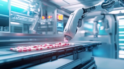 Fototapeta premium Robotic arm inspecting pills on a conveyor belt in a futuristic pharmaceutical facility.