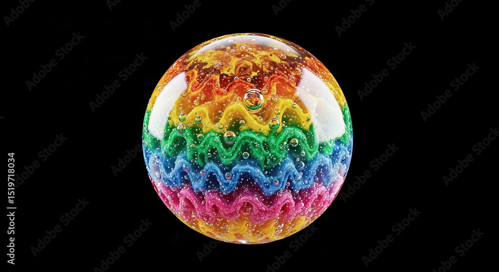 Poster rainbow sphere with bubbles floating on black background