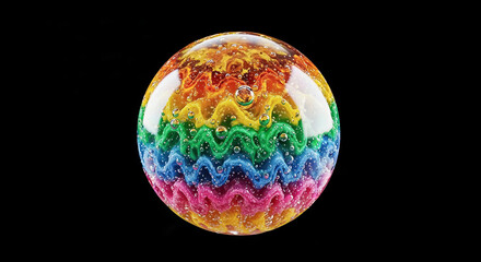 Rainbow sphere with bubbles floating on black background