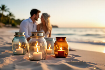 A couple embraces on a tropical beach at sunset, illuminated by the warm glow of candles in glass jars.