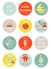 A set of motivational space-themed stickers for children with rockets, aliens and an astronaut