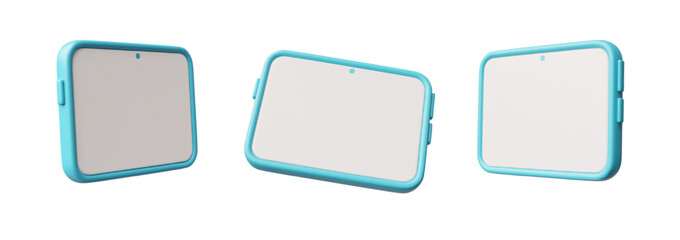 Mobile smartphone with horizontal white blank screen 3D vector set, realistic gadget with empty screen with blue case