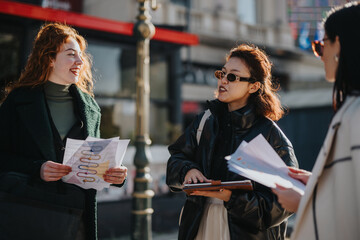 Three professional women collaborate outdoors on business tasks, analyzing charts and planning...