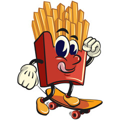 funny french fries cartoon mascot playing skateboard, fast food vector character isolated on white, work of hand drawn