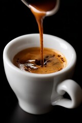 Hot espresso pouring into a white ceramic cup with rich crema on dark background
