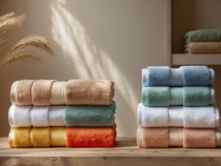 Freshly Folded Colorful Towel Stacks in Neutral Setting for Spa and Bathroom Display.