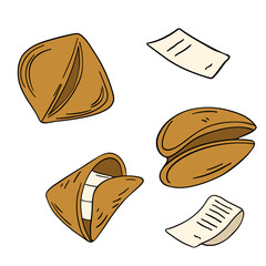 Appetizing fortune cookies, sweet baked dessert with prediction prophecy  or proverb saying message confectionery. Outline food art pastry