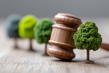 Wooden judge gavel beside miniature trees representing environmental law and conservation justice